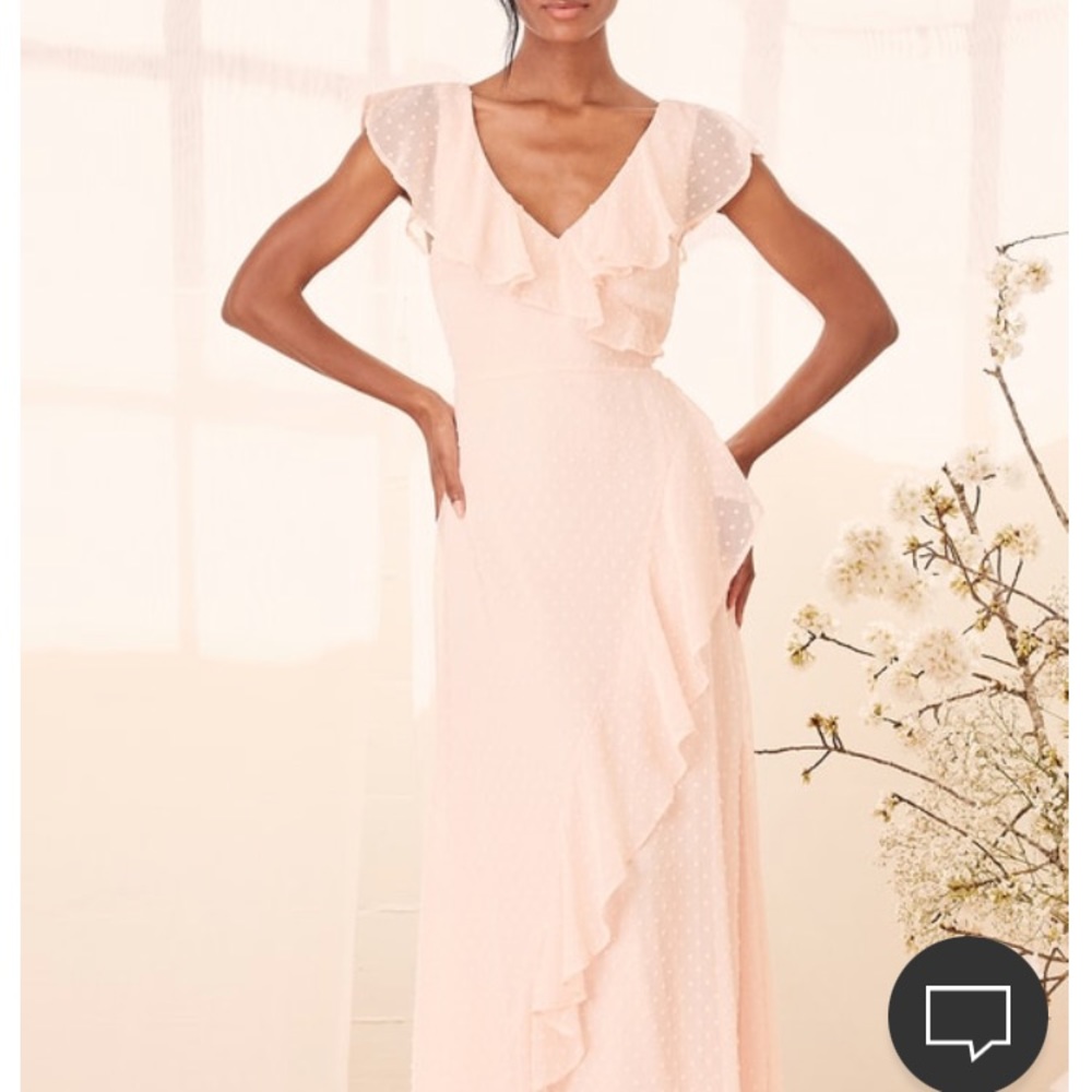 LULUS FEARLESS LOVE TRUE BLUSH SWISS DOT RUFFLED FAUX WRAP MAXI DRESS